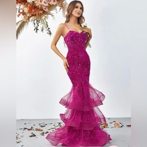 Elegant Women’s Pink Magenta Sequin Evening Prom Gala Military Gown Sz M